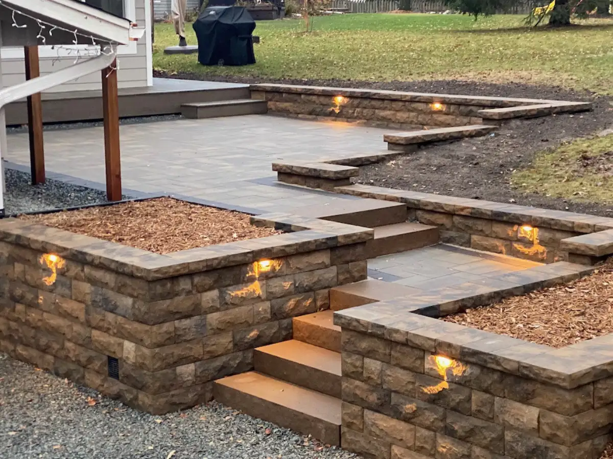 Block walls and steps with integrated lights